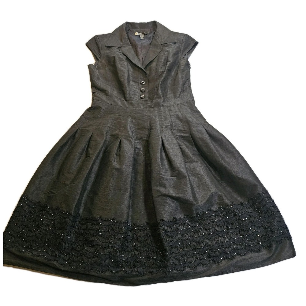 JS Boutique Black Fit & Flare Beaded Cap Sleeve Dress Sz 10 Evening Cocktail